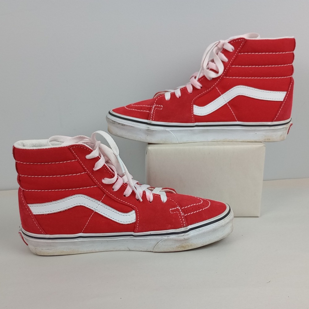 Vans Women 7.5 Red Suede Canvas High Top Skateboard Shoes Sk8-Hi